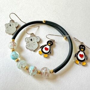 Penguin and Koala Earrings, Bracelet Set